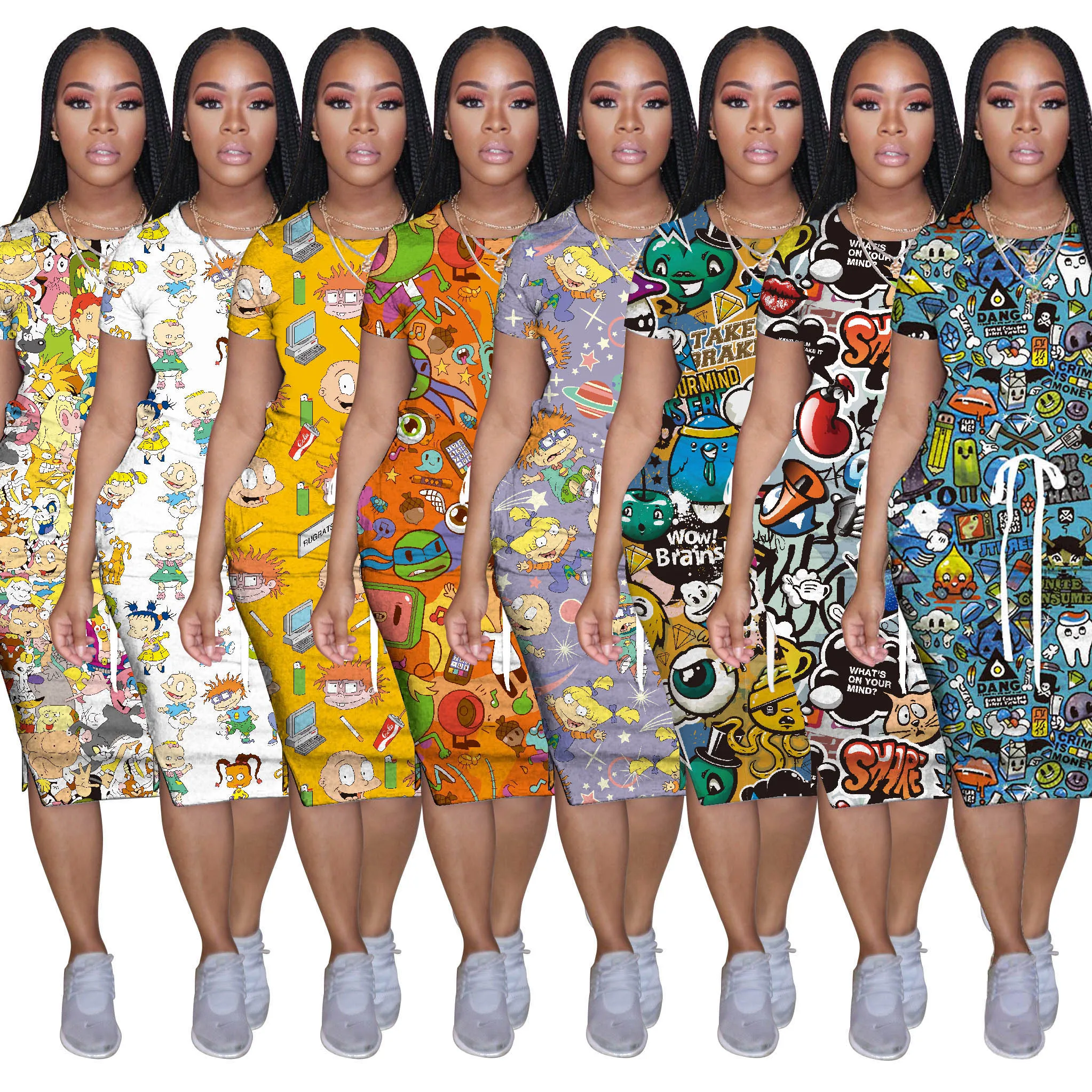 

Hot Sale Casual Dress Ladies Home Wear Cartoon Print Tie Dye Maxi Beach Dresses Women Summer