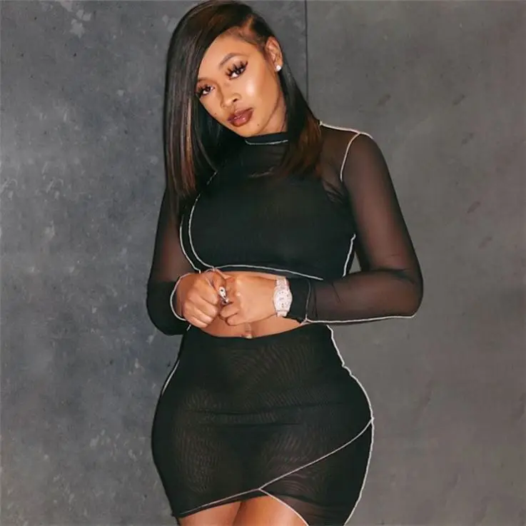 

MISSMOEN New Arrival Summer 2021 Crop Top Mesh Long Sleeve Woman Sexy Two Piece Skirt Set