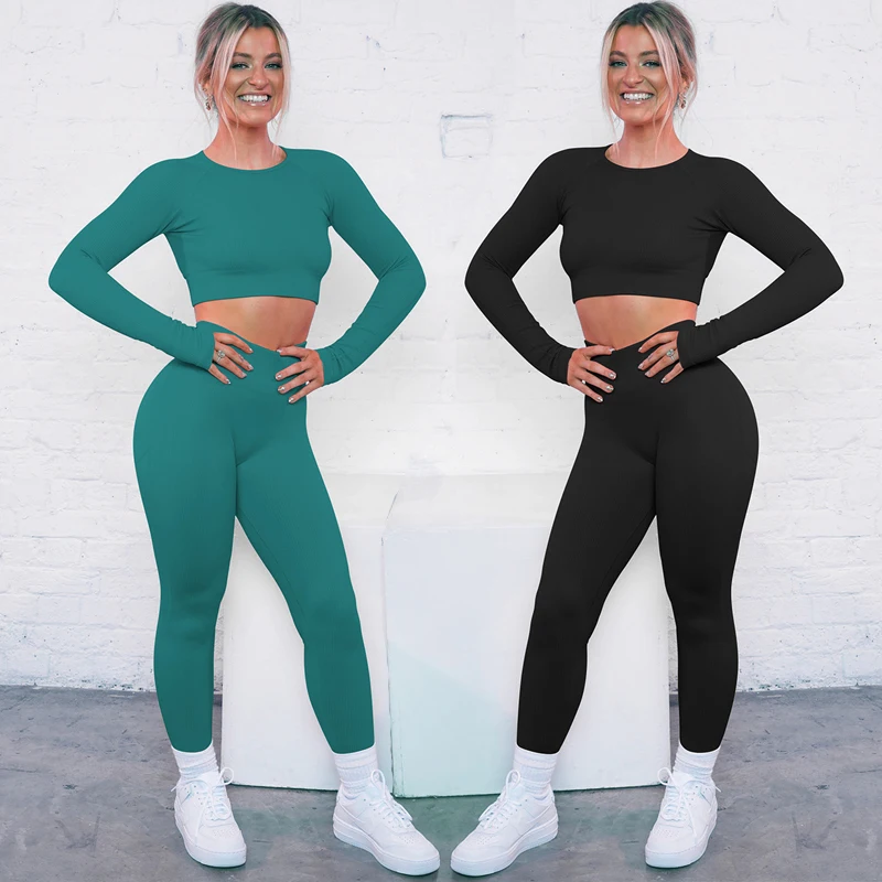 

Dropshipping Women's Workout Outfit 2 Pieces Seamless High Waist Yoga Leggings with Long Sleeve Crop Top Gym Clothes Set, Dark green, black, dark gray, coffee, purplish red