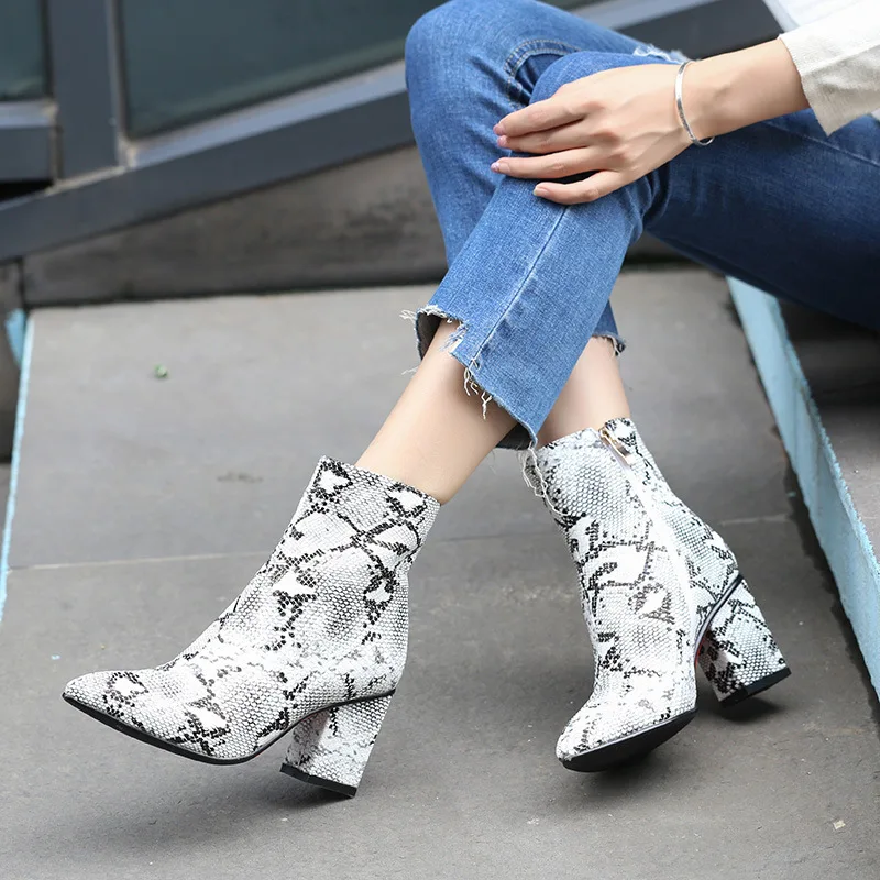 

New Pointed Women's Boots Snake Print Serpentine Thick High Heeled Ankle Boots Women Shoes