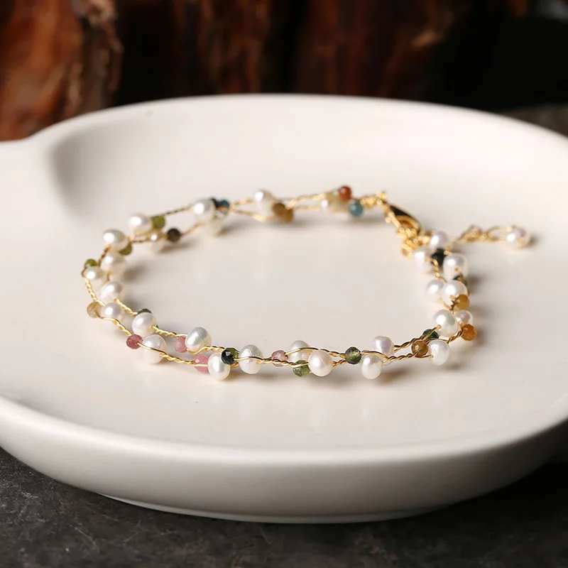 

Original fashion creative style natural tourmaline freshwater pearl double winding simple diy pearl bracelet, As pictures