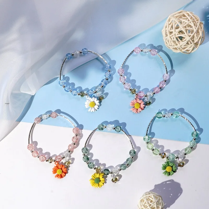 

Flower Daisy Beaded Bracelet Coloured Glaze Pearl  Chain Charm Bracelets for Women Girls Lover Gift, As shown in picture
