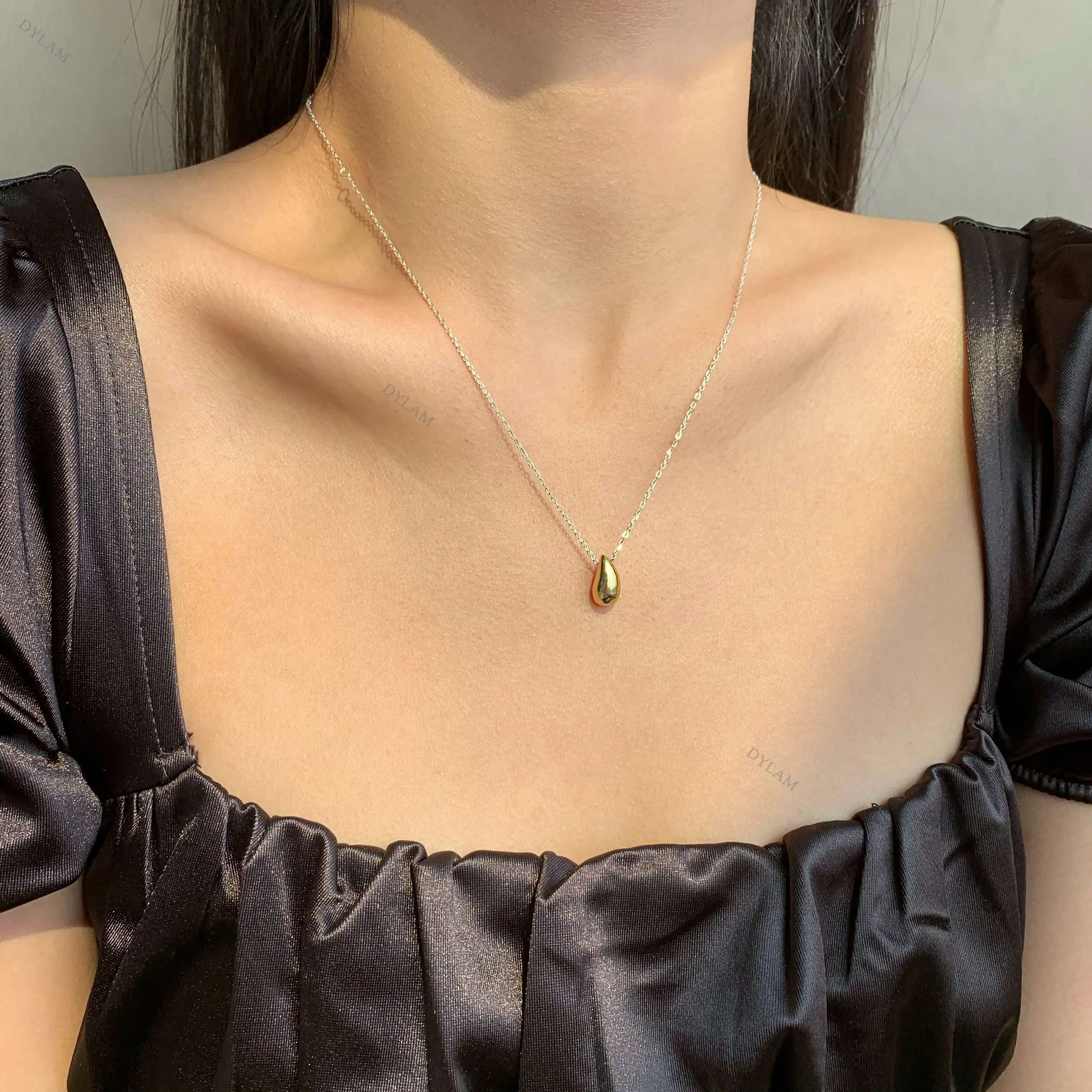

Dylam Trendy Designer 925 Sterling Silver Necklace Fashion Fine Jewelry Teardrop Pendant 18k Gold Plated Chain Jewelry Necklace