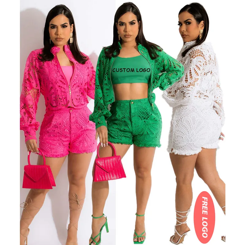 

Free shipping Women three Piece Short Set Women Clothing Summer Biker Jogger lace lantern sleeves cover Short Pant Women's Set, Color avaliable