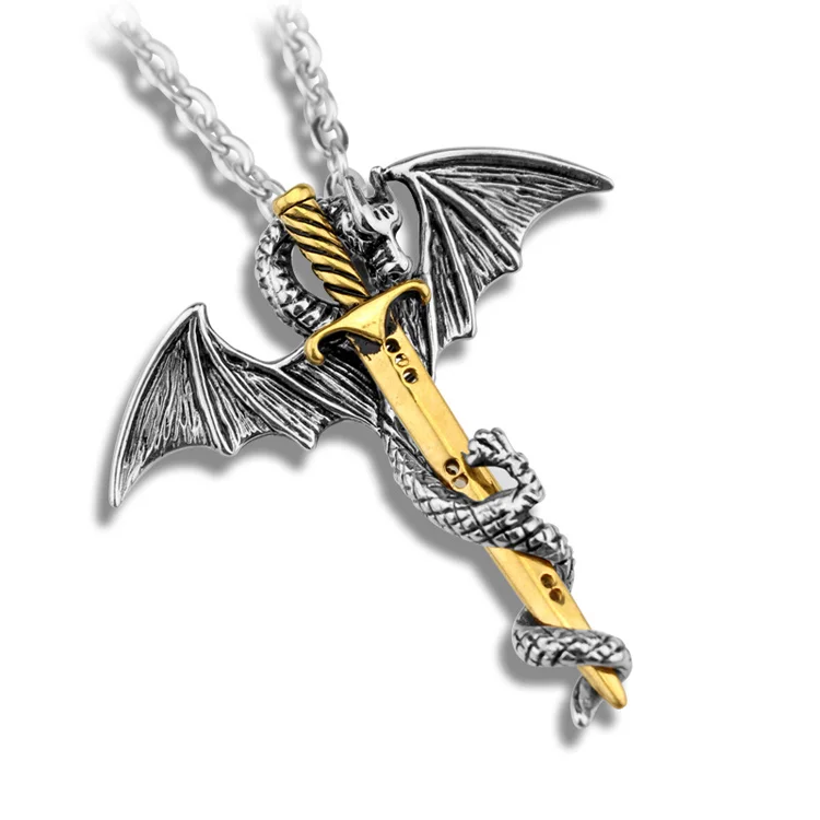 

Personality Retro Necklace jewelry Dragon samurai Sword Metal Pendant Necklace link chain necklace collier for men, Ancient silver + gold