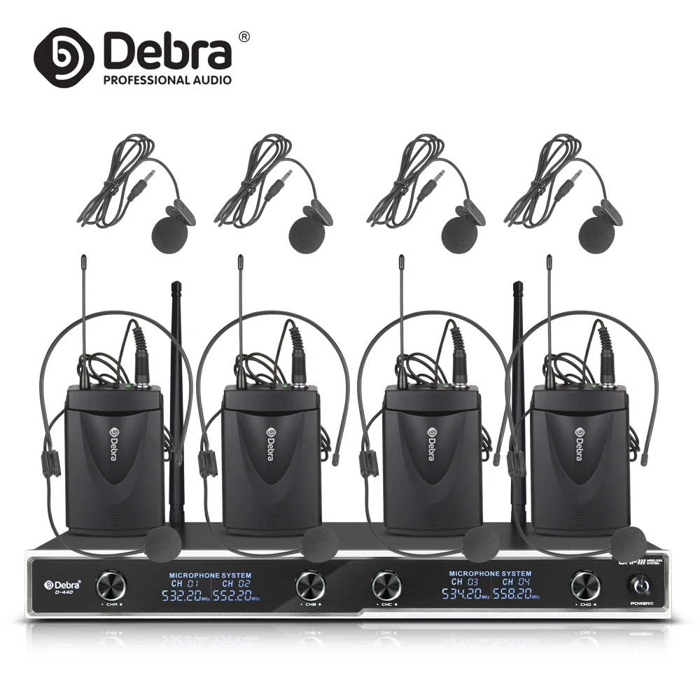 

Debra Audio D-440 4 Channel Lavalier Headset Mic UHF Wireless Microphone System 100m range For Speech Karaoke Party KTV OEM
