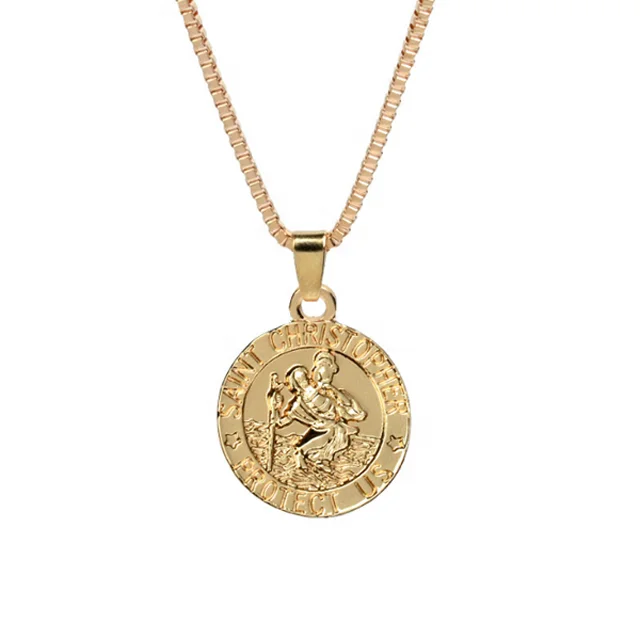 

Fashion Jewelry Gold Italian Saint St Christopher Round Medal Pendant Necklace