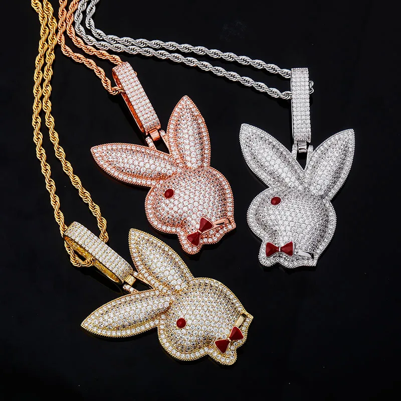 

wholesale custom Hip Hop Rabbit With Tie Pendant Brass CZ Stone Red Eye Rabbit Necklace For Men 2020 Jewelry, Multi color