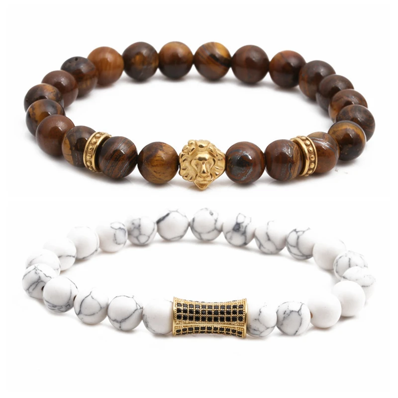 

Wholesale tiger eye natural stone lion head small waist handmade charms beaded men bracelet power bracelet set, Picture