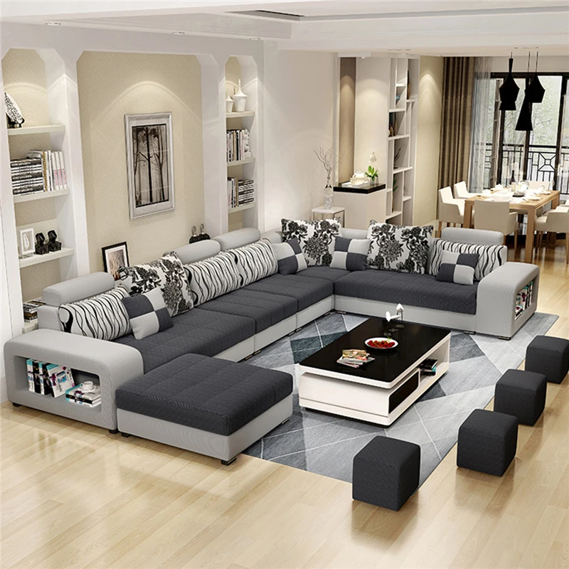 
cheap home Furniture 7 Seater modern European wooden fabric U shaped Chaise Lounge sectional couch living room sofa set 
