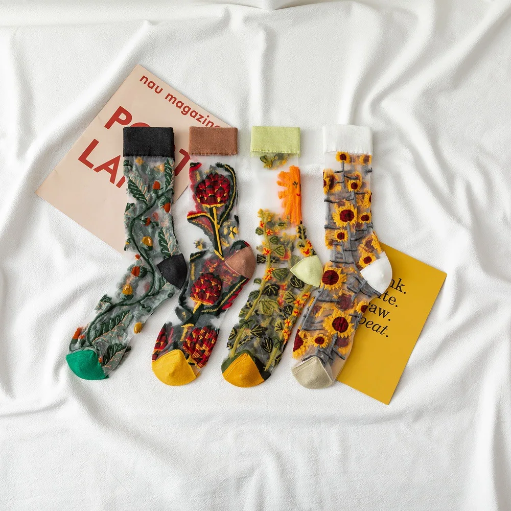 

High Quality Novelty Crystal Silk Socks With Logo Funny Sunflowers Vines Flowers Happy Women Lace Socks Manufacturer, Custom color