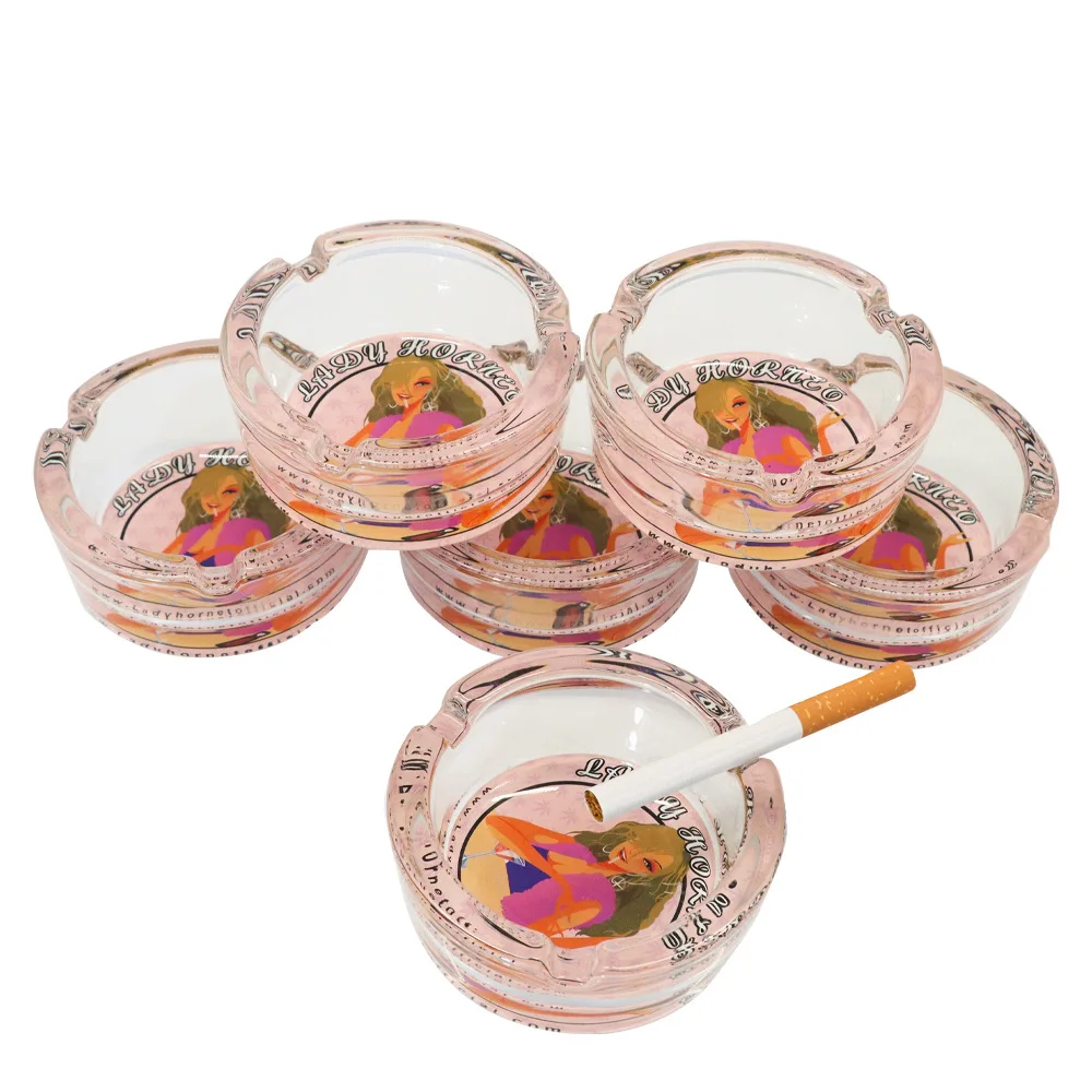 

hintcan new ashtray smoking accessories lady hornet cartoon pattern pink series round diameter 8.5cm Light clean glass ashtray, Reference images