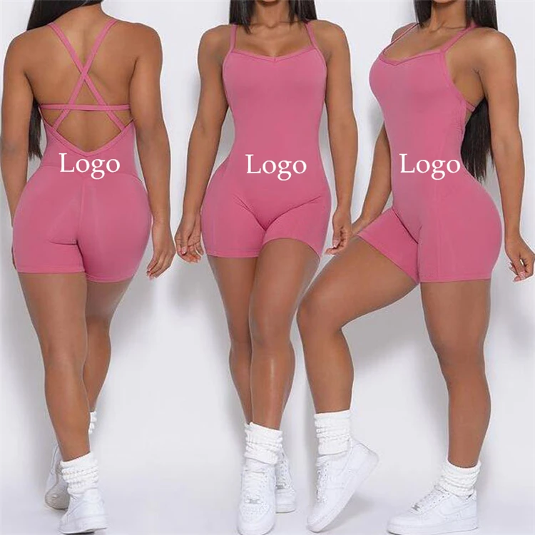 

Custom Logo Women Fitness Workout Gym Bodysuit Backless Scrunch Peach Butt Lift Plain Color Sports Romper Active Yoga Jumpsuit