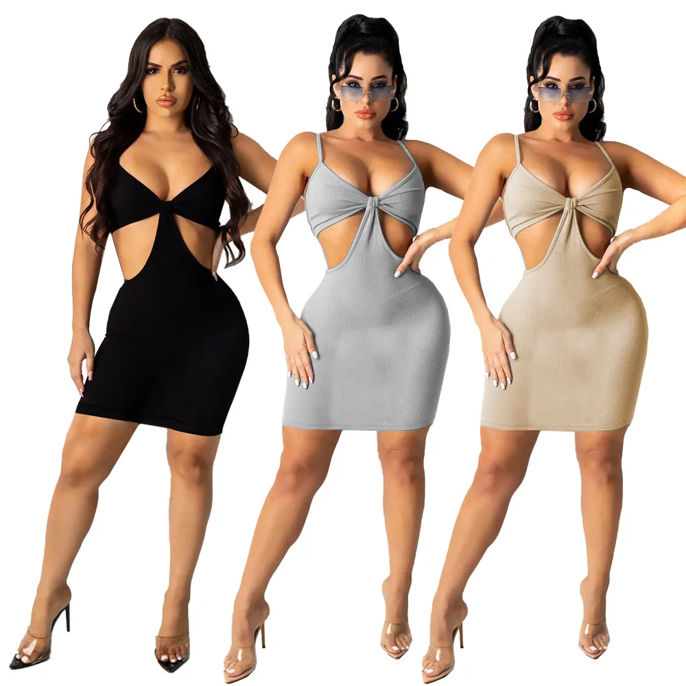 

2021 Women Sexy Clothing Party Solid Color Sling Hollow Short Skirt halter dress
