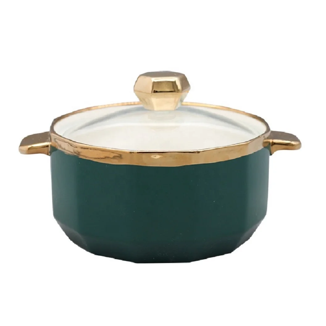 

Household tableware gold-plated double ear ceramic instant noodle bowl large capacity ceramic soup rice bowl with lid, Green/blue