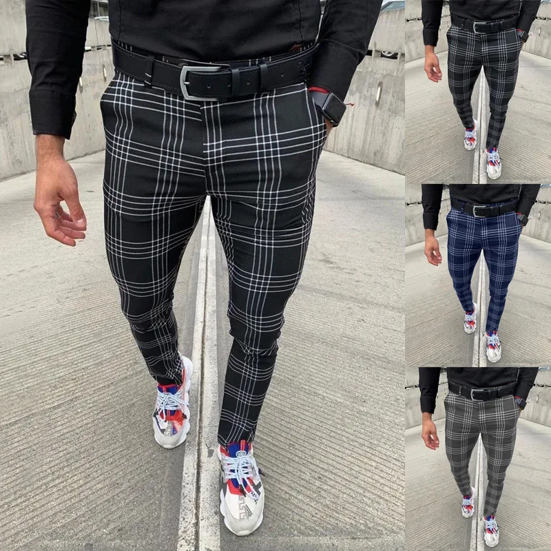 

Men's US Size 2021 Fashion Design Stylish Casual Skinny Long Slim Fit Plaid Print Trousers & Pants