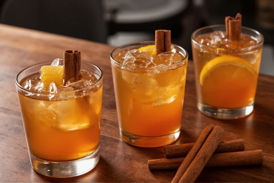 Three cocktail glasses with cinnamon whiskey drinks on wooden bar with cinnamon sticks as garnish