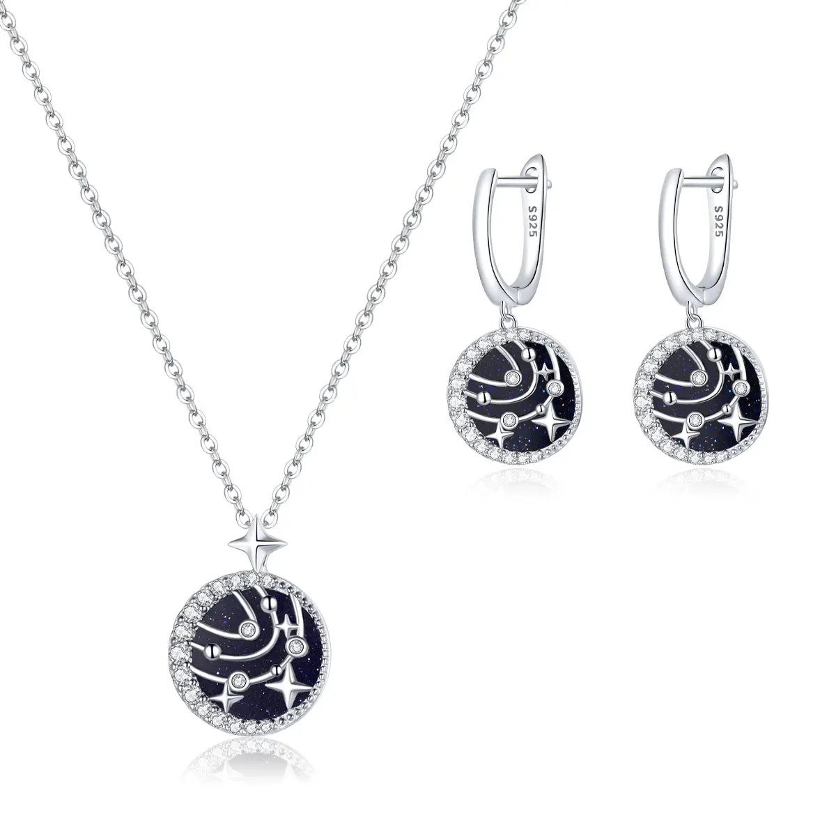 

S925 sterling silver bright star stud earrings black star moon necklace jewelry set, Sliver