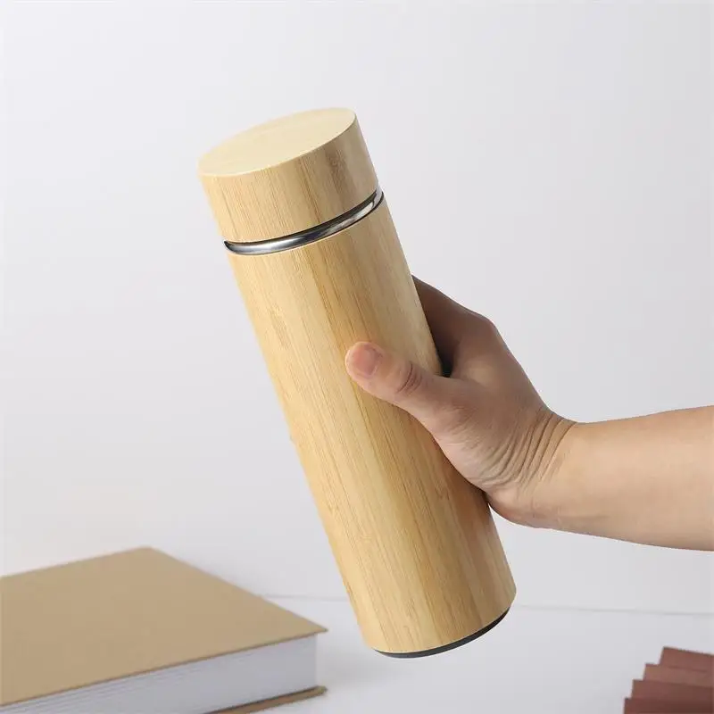 450/500ml Bamboo Coffee Cup Mug Thermos Portable Handle Business Office Stainless Steel Water Bottle For Men Women Custom Logo