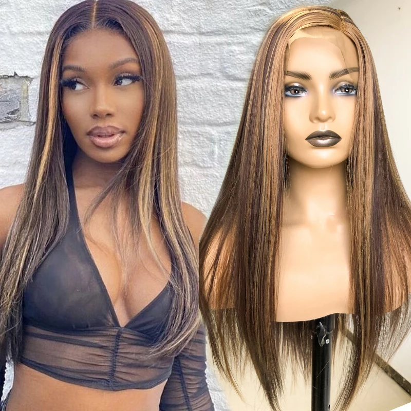 

New Style Highlight Futura Fiber Hair Synthetic Lace Front Wigs Human Hair Wigs Pre Plucked Ombre Remy Wig For Black Women