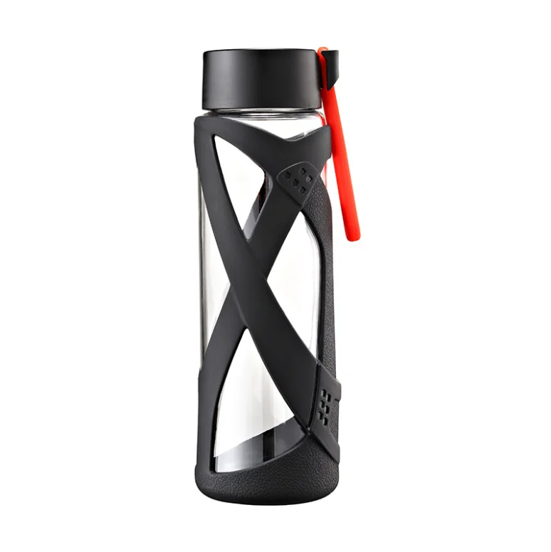

New Arrival 500ml Wholesale Plastic Bottle Skinny Straight Portable Sport Plastic Bottle with Silicone Sleeve and Handle, Customized color acceptable