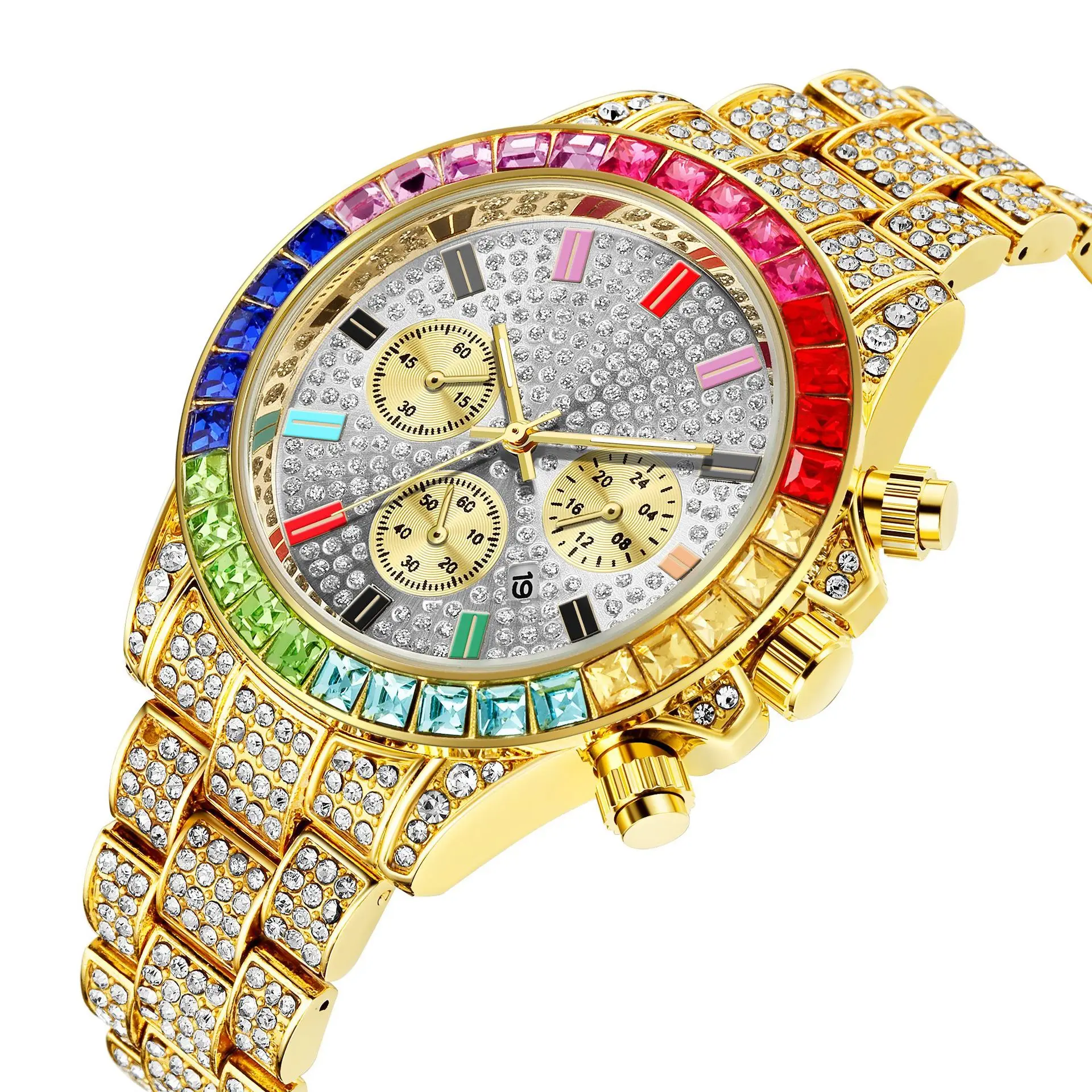 

High Quality Brand Luxury Bling Quartz Fashion Relojes Gold Full Rainbow men Diamond Watches, Mixed color