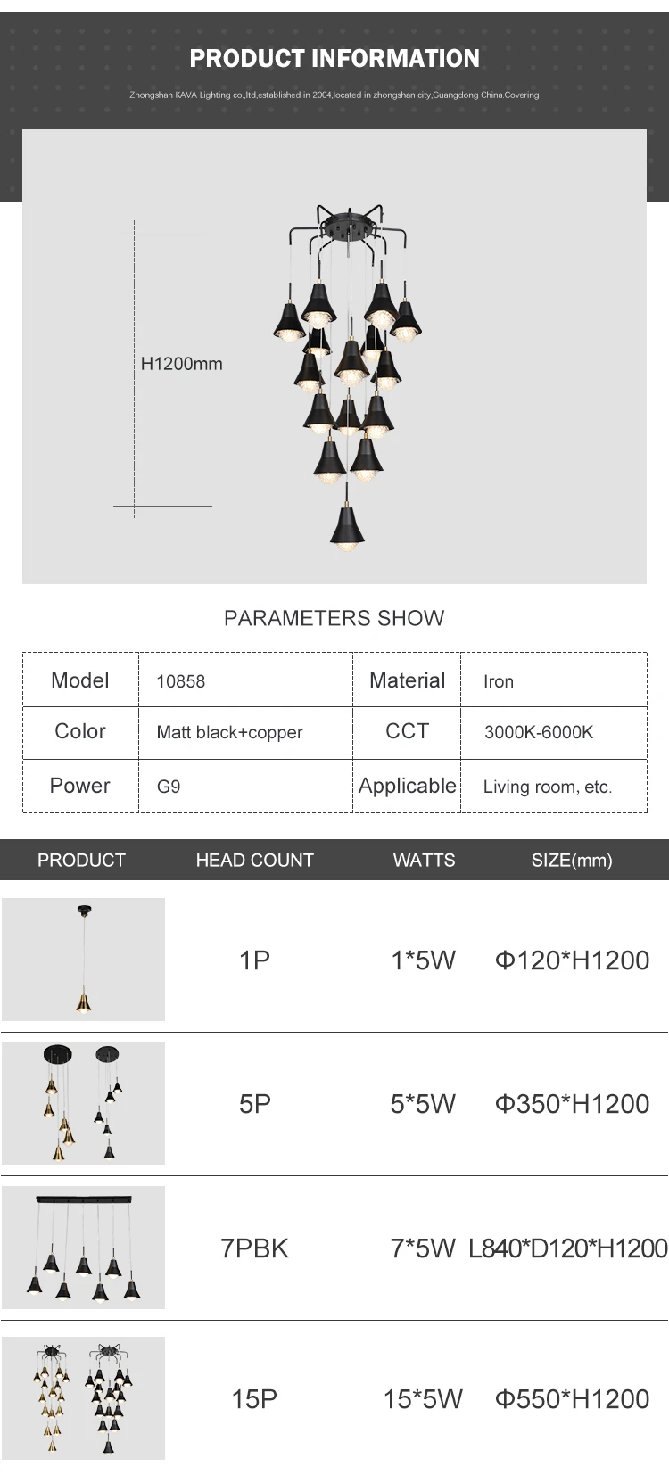 High Quality Modern Hanging Decoration Iron Black Copper Chandelier Pendant Light