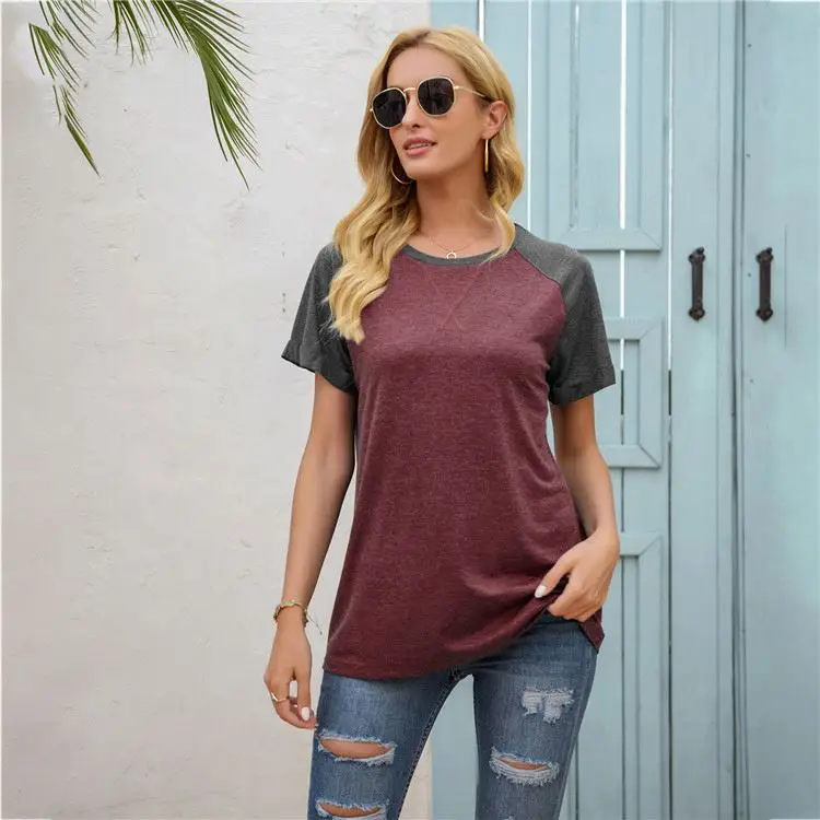 

PEARL Wholesale 2021 Summer Short Sleeve Casual Sport Block Color Woman Tops T Shirts Women Top Blouses