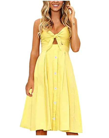 

Women Dresses Summer Tie Front V-Neck Spaghetti Strap Button Down A-Line Backless Swing Midi Dress, Yellow,white,gray,red,navy,black, flower