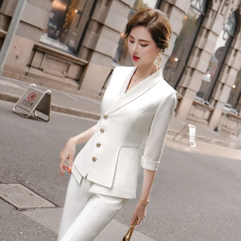 

High Quality Casual Women's Suit Pants Two Piece Set 2020 new summer elegant ladies white blazer jacket business attire