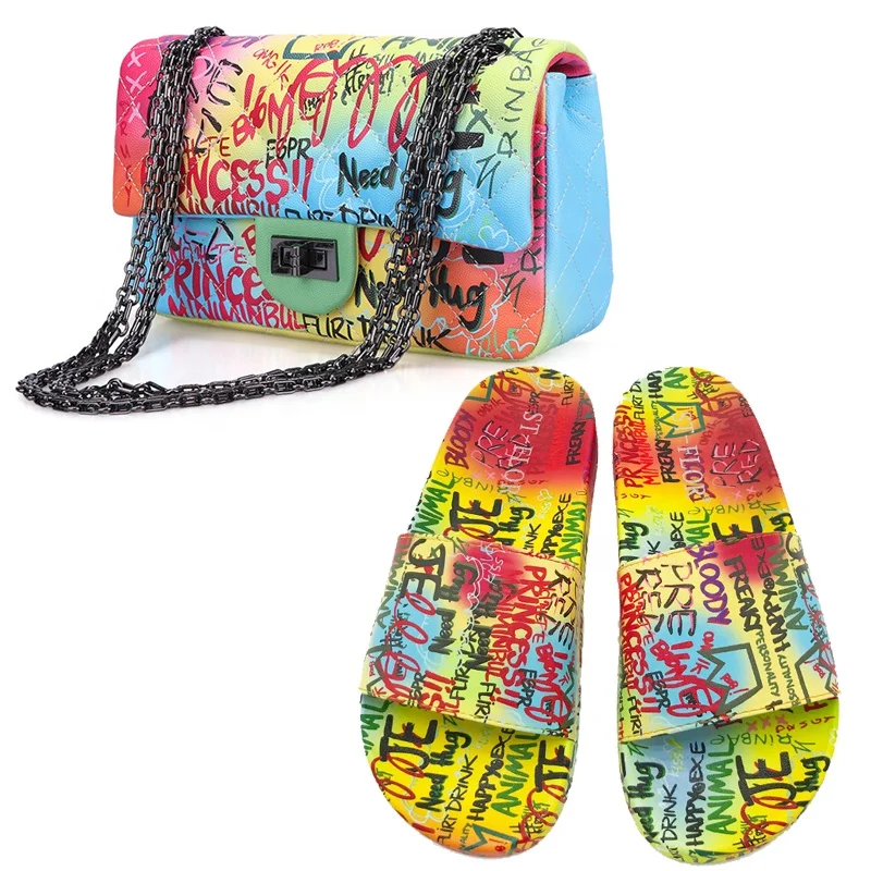 

Women ladies bag handbags set latest graffiti crossbody purse bags handbag and shoe set for women, 4 color options