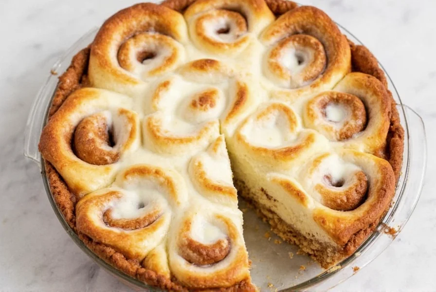 Step-by-step cinnamon roll pie preparation showing layered dough and cinnamon sugar