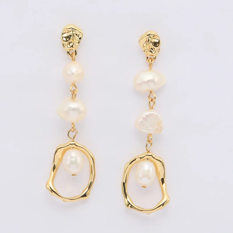 

Designer Earrings 10 mm Cultured Baroque Freshwater Pearl Free-Form Drop Earrings in 925 Sterling Silver Pins 18K Gold Plated