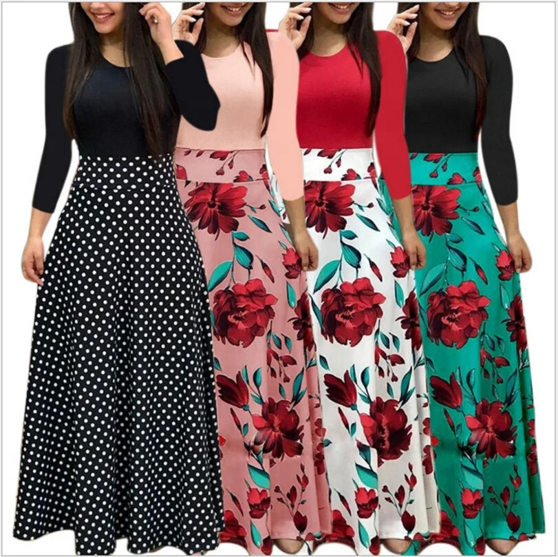 

2021 Summer Chemical Fiber Slim High Waist One-piece Women Cloth Floral Dress Swing Long Maxi Casual Plus Size Woman clothing