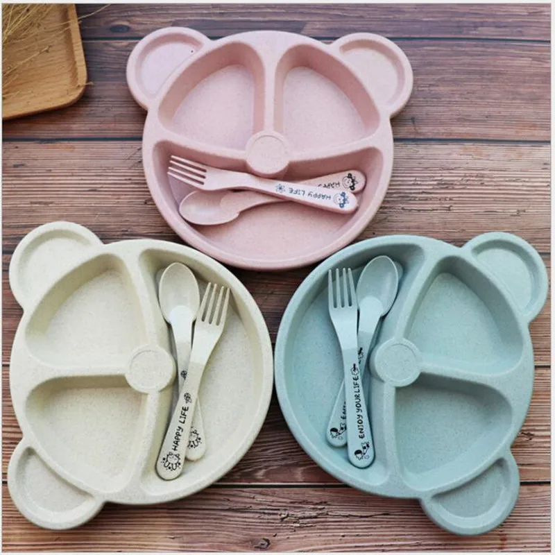 

3pcs/set Wheat Straw Tableware Cartoon Bear Children Dishes Kids Dinner Plate Baby Plate Fork Spoon Baby Eating Dinnerware Set, As pic