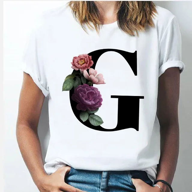 

Alphabet Letter Women T-shirt Girl A To Z Alphabet Combination Flowers Short Sleeve Shirt, Picture showed