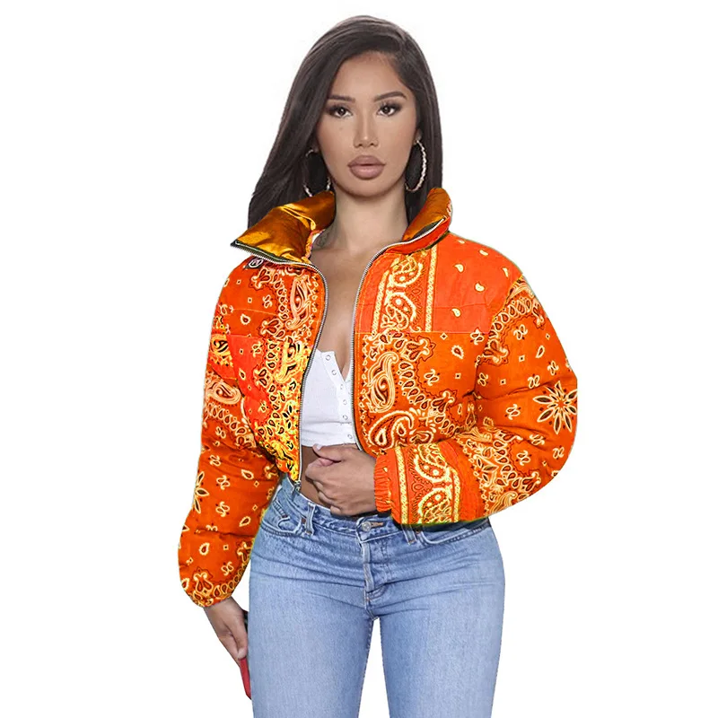 

Women Bandana Jackets Bubble Crop Coats Puff Ladies Down Coats Plus Size Customized Patchwork Winter Bomber Puffer Jackets, Customized color