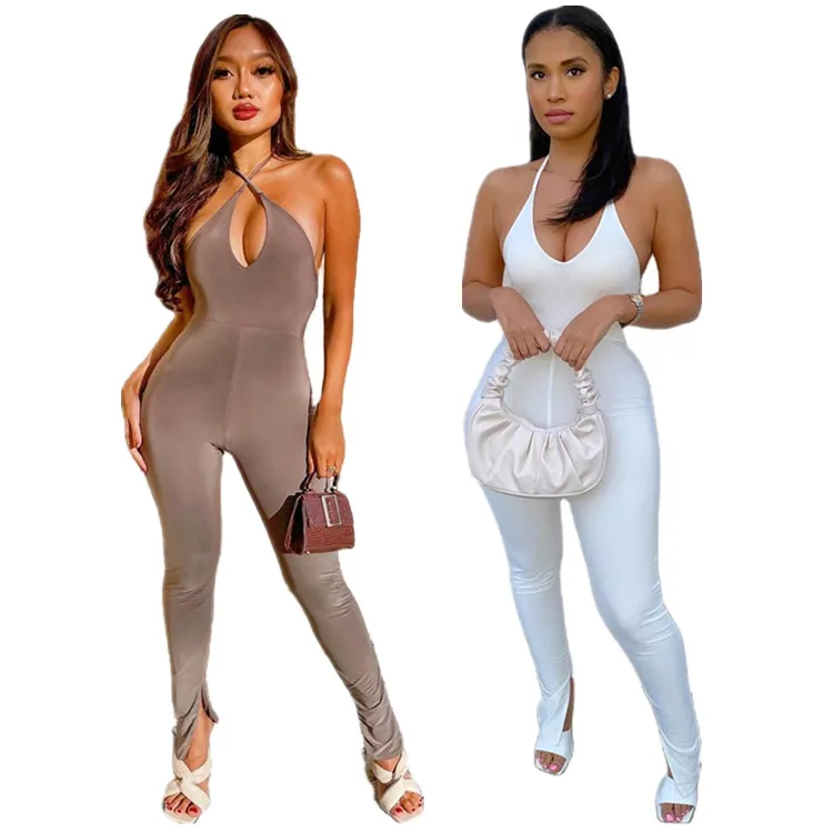 

2021 Spring And Summer New Sleeveless Open Back Split Pants Sexy Jumpsuit
