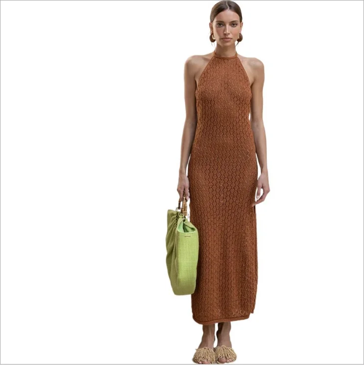 

Wholesale girl sleeveless sexy knit backless long dress