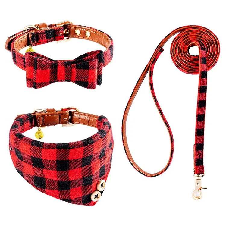 

Puppy Cats Classic Plaid Checkerd Dog Collar With Bell 3 PCS Pet Collars & Leashes Set Coleira Cachorro, Grey checkerd/red checkerd