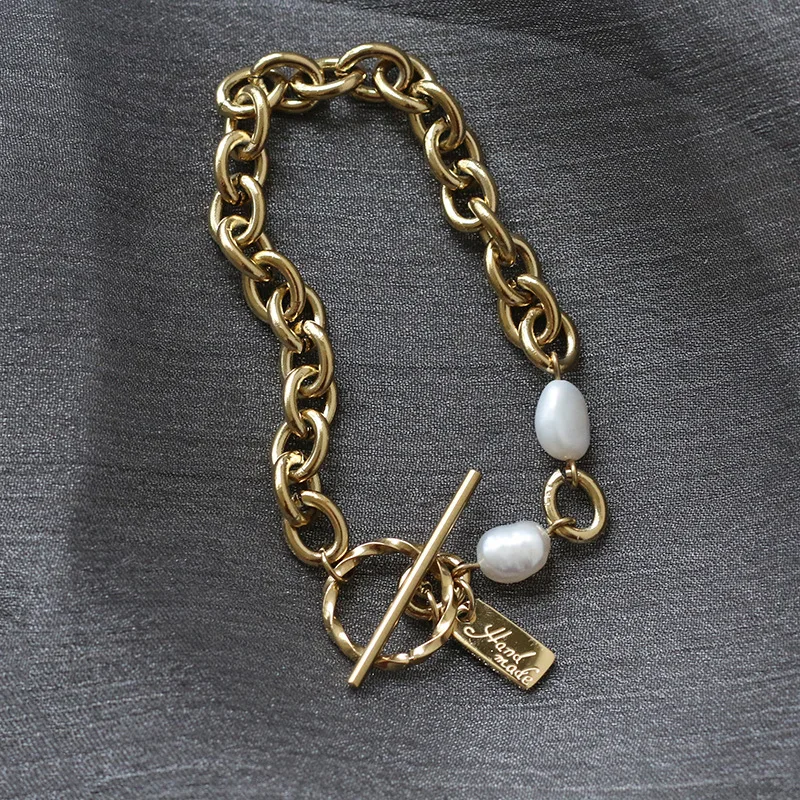 

Pearls Bracelets Stainless Steel 14k Gold Plated Link Chain Bracelet OT Lock Buckle With Freshwater Pearl Beads Bracelet, Silver, gold, rose gold or customized
