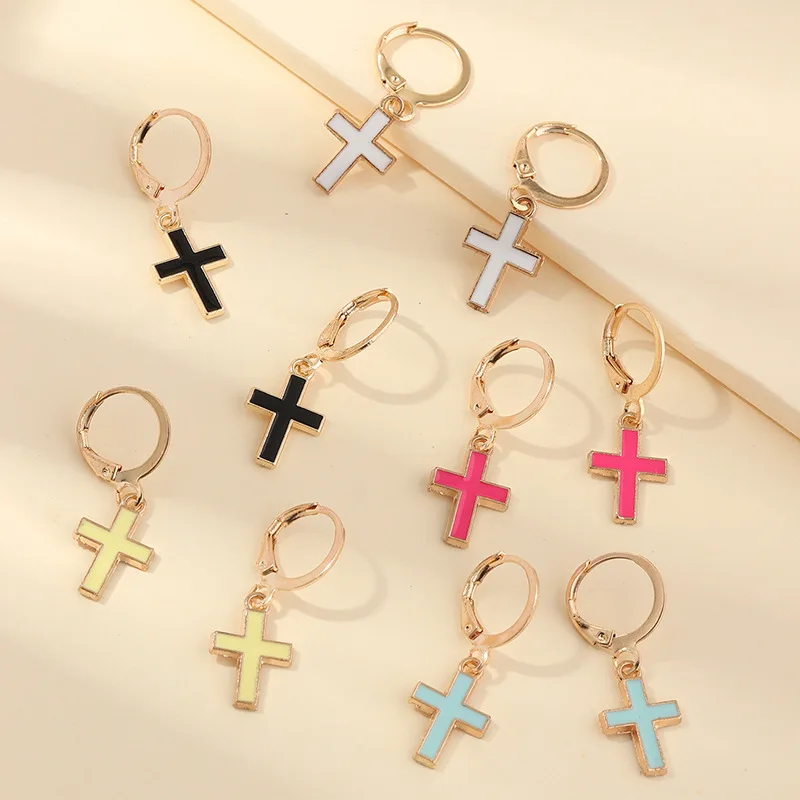 

5Pair/Set Fashion Jewelry Trendy Cross Colorful Oil Drop Earrings Set Jewelry Cross Dangle Earrings Cross Earrings Women