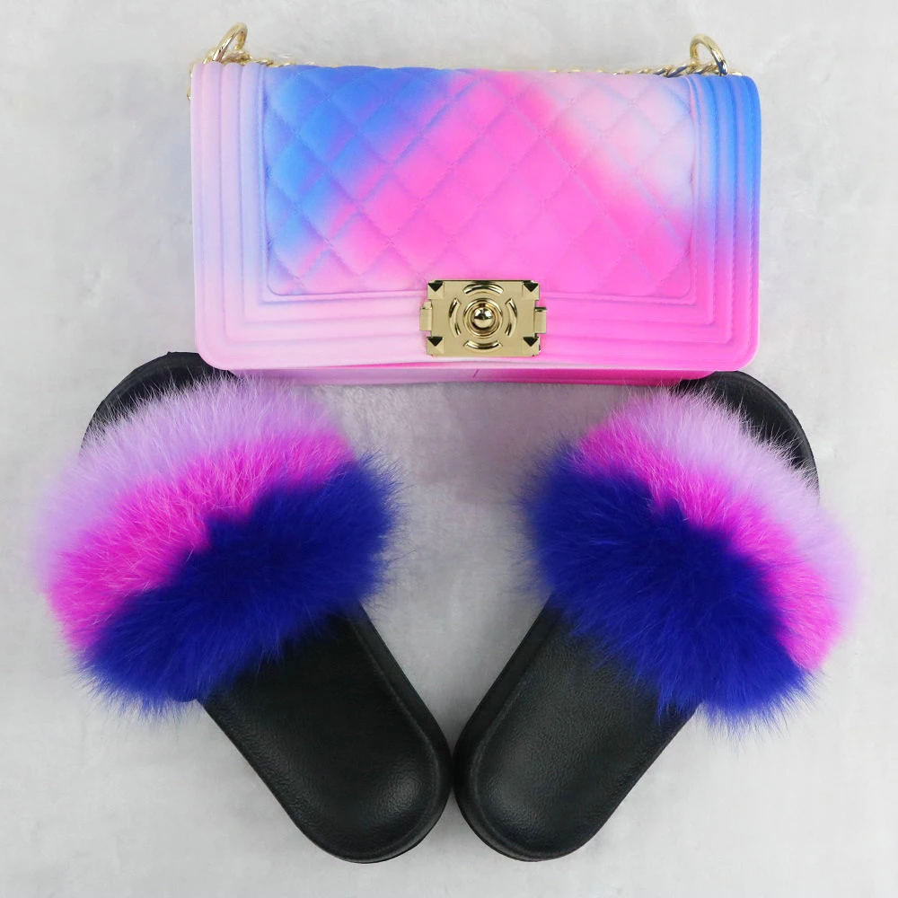 

2021 summer women slides sandals furry slippers 2 pieces set jelly handbag mommy and me fur slides and purse set