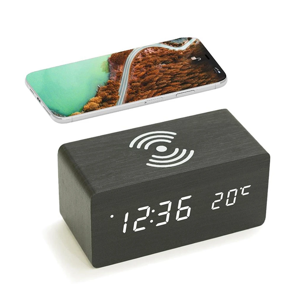 

Digital Desk Table Alarm Clock Wooden Electronic LED Display Sound Control Multi-function Clock, Customized color