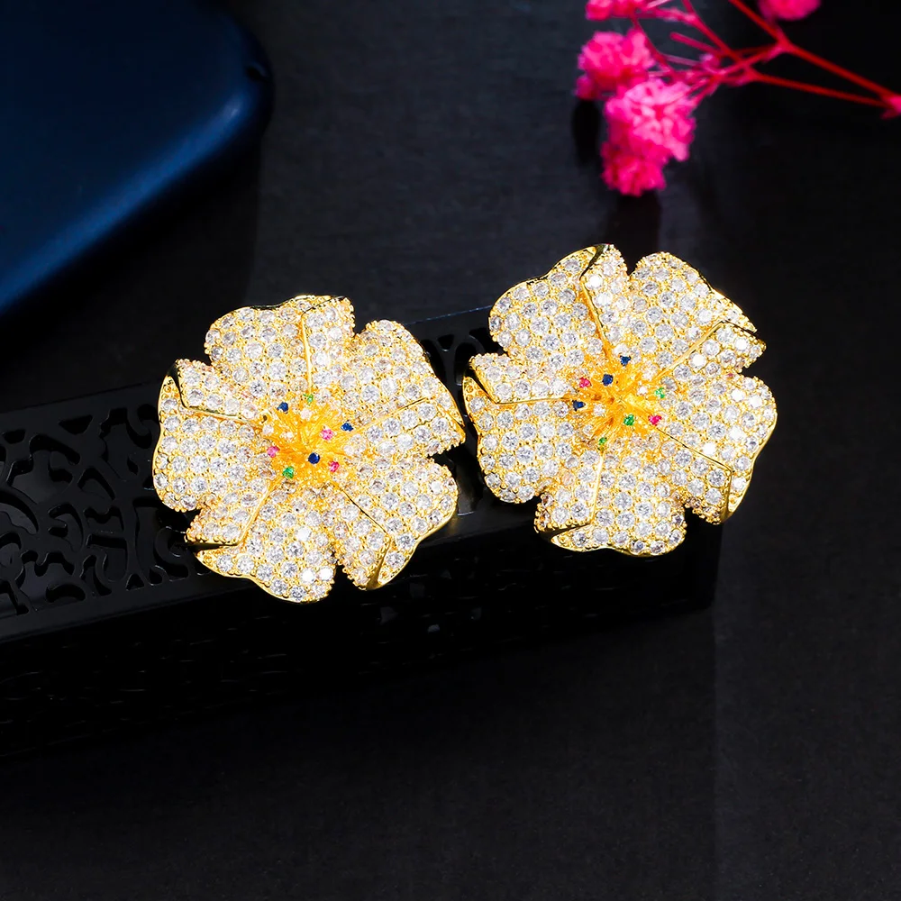 Delicate Yellow 18k Gold Plated Cubic Zircon Micro Pave CZ Wedding Party Jewelry Luxury Big Flower Drop Stud Earrings for Women