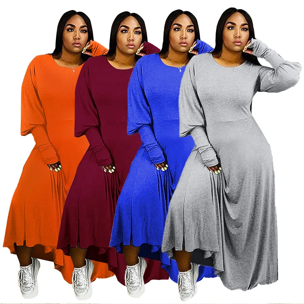 

Cheap maxi dresses women long plus size fall clothing solid relax finger covering lady dress