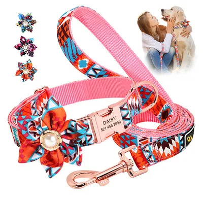 

Personalized Printing Laser Engraving Name Luxury Flower Designers Dog Collar Metal Buckle, Blue, purple, orange