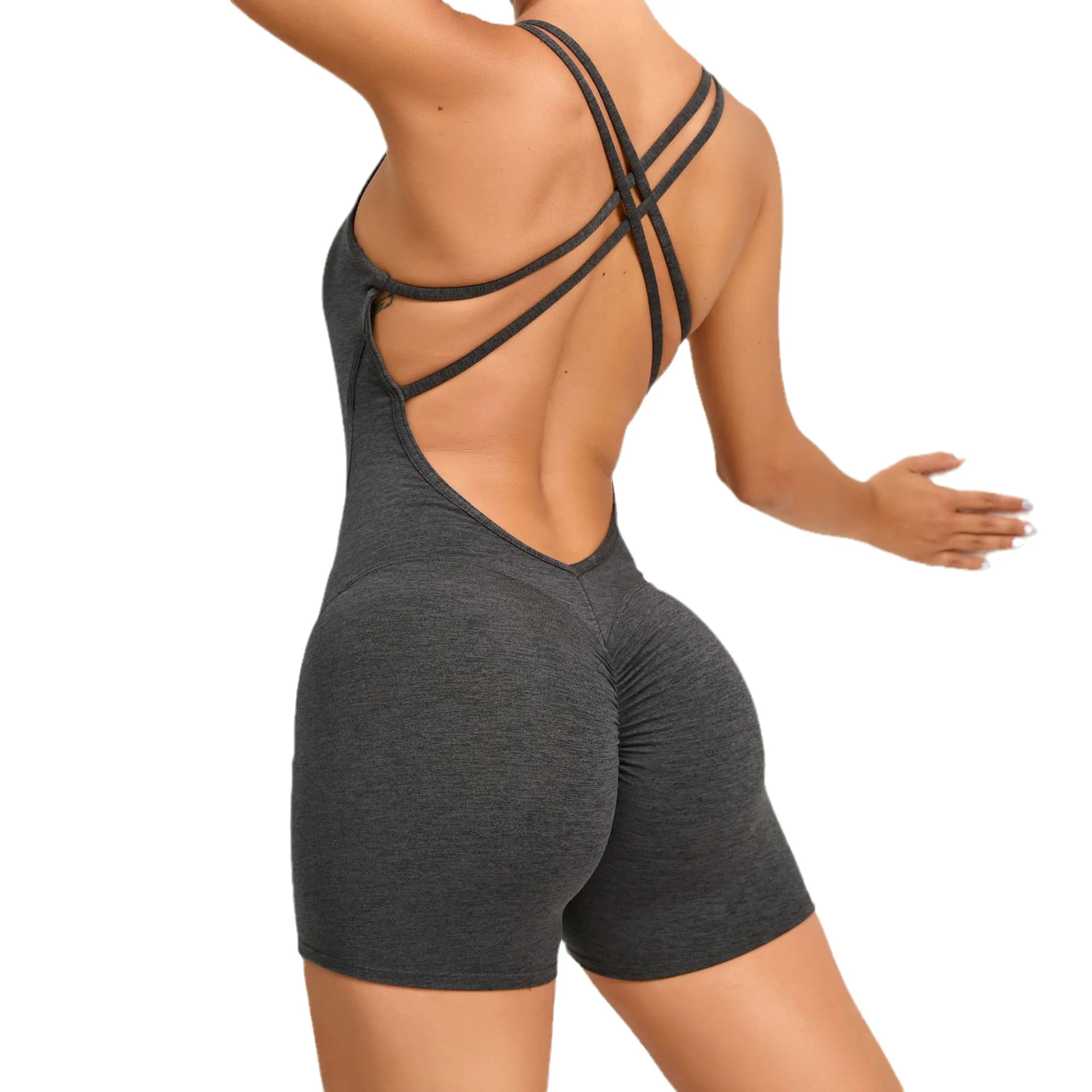 

Hot Sale Women Compression Stretchy Soft Lightweight Quick Dry Scrunch Back Romper Yoga Bodysuit