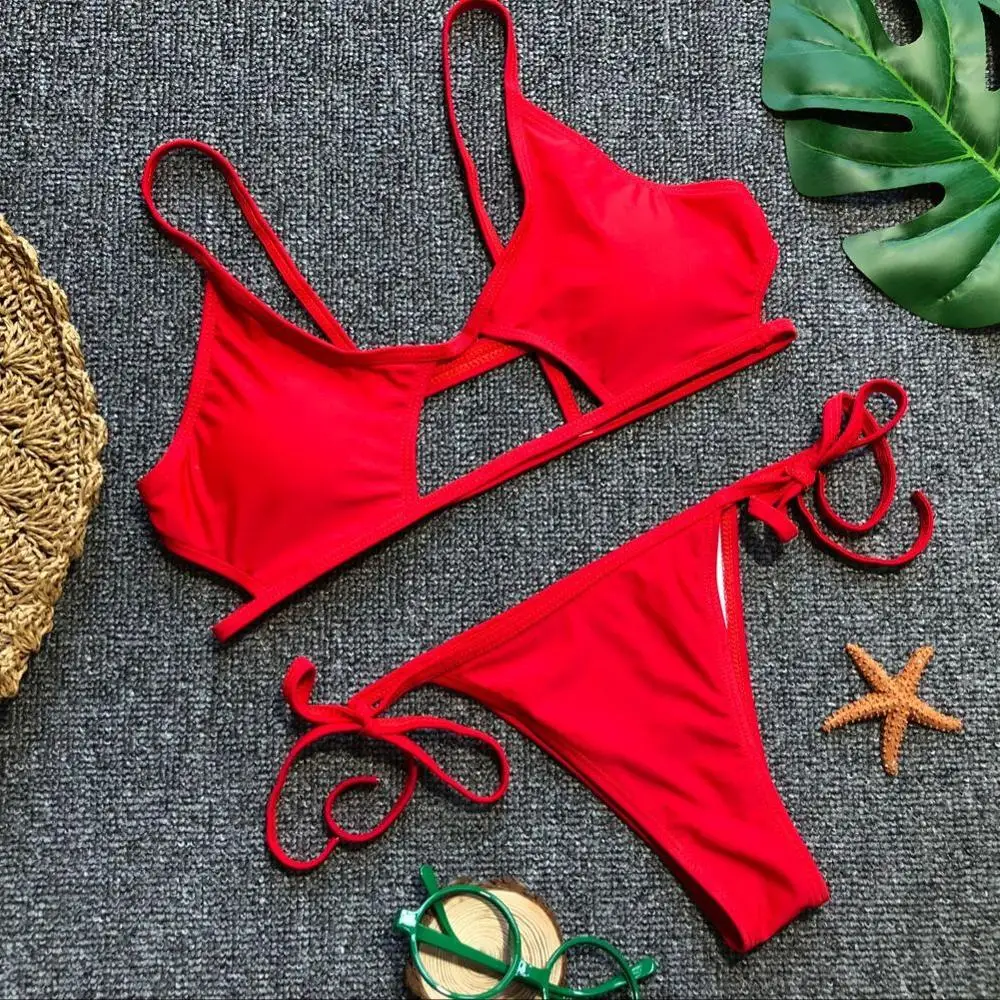 

2020 new trend strappy open back bikini set, Red, black