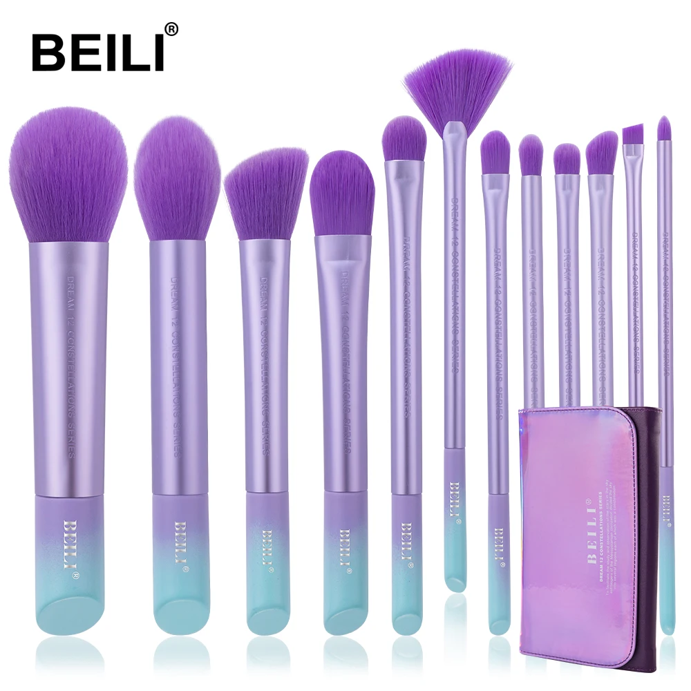 

BEILI 12pcs purple makeup brush set pinceaux de maquillage professional Synthetic hair eyebrow foundation make up brushes